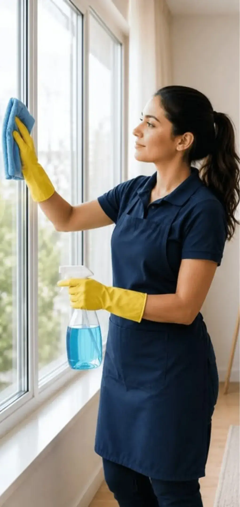 Professional cleaner cleaning windows while working for Fragrance Cleaning Services